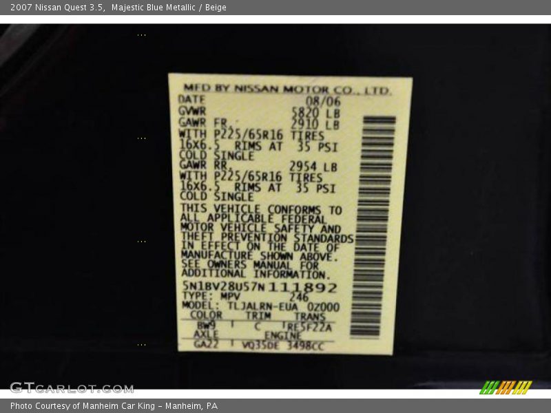 Majestic Blue Metallic / Beige 2007 Nissan Quest 3.5