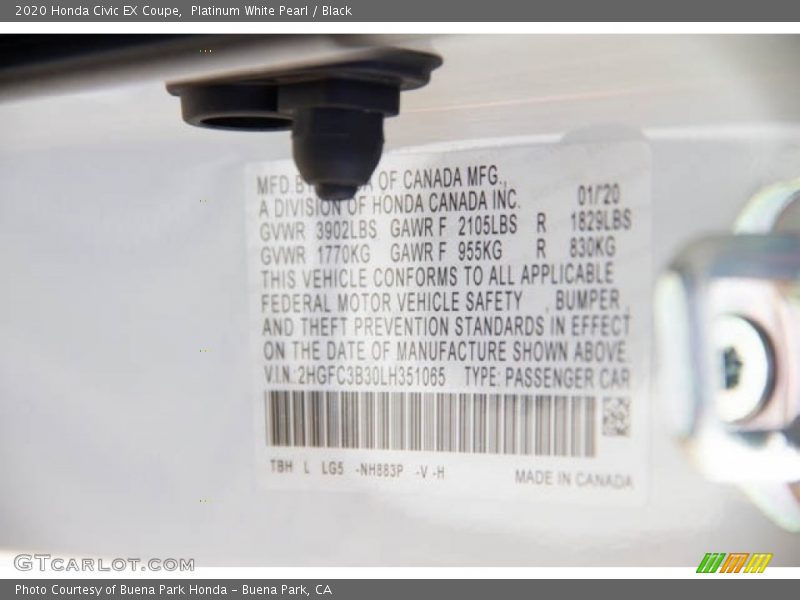 Platinum White Pearl / Black 2020 Honda Civic EX Coupe