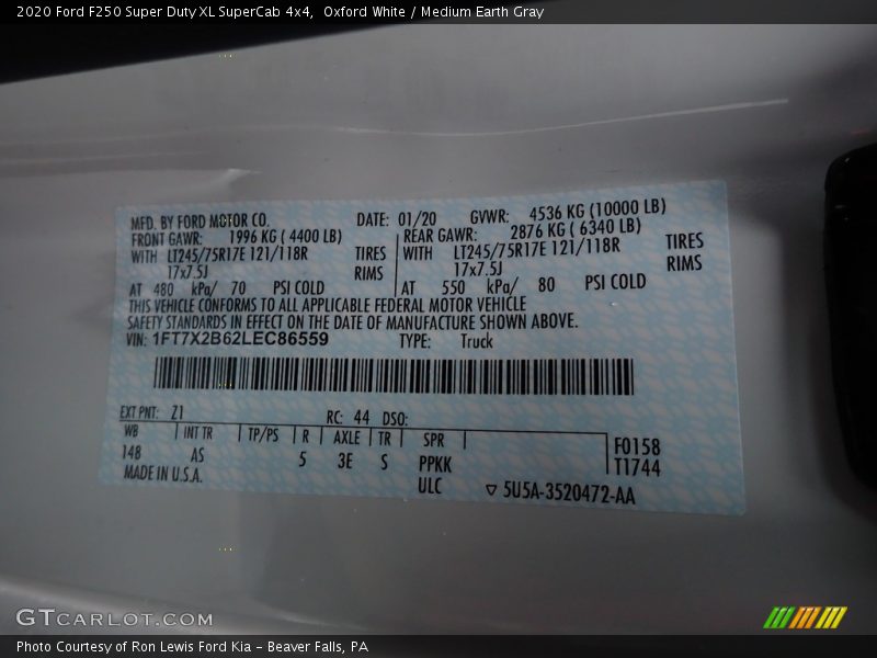 2020 F250 Super Duty XL SuperCab 4x4 Oxford White Color Code Z1