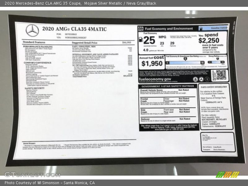  2020 CLA AMG 35 Coupe Window Sticker