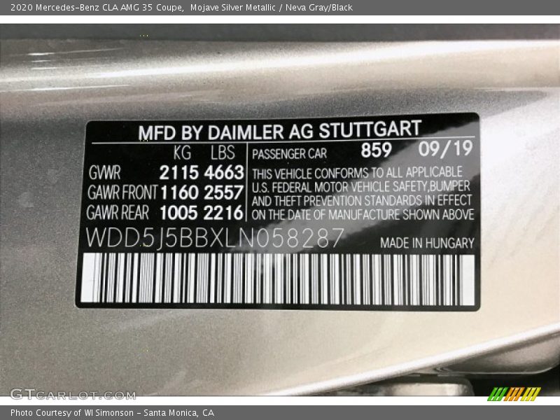 2020 CLA AMG 35 Coupe Mojave Silver Metallic Color Code 859