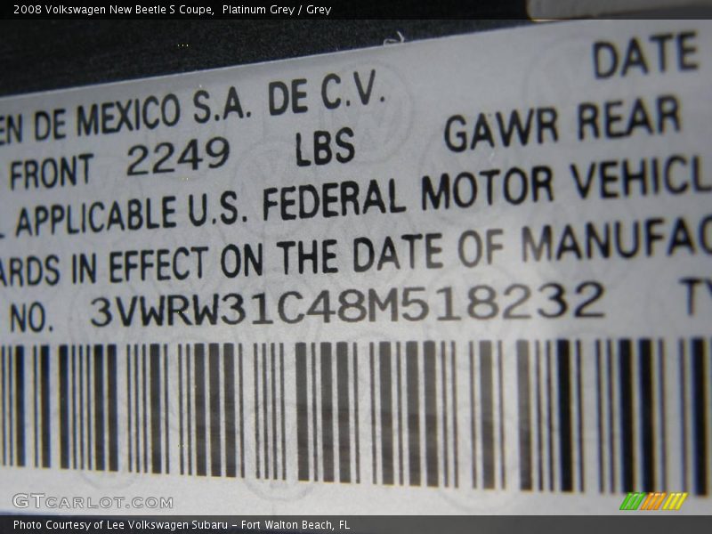 Platinum Grey / Grey 2008 Volkswagen New Beetle S Coupe