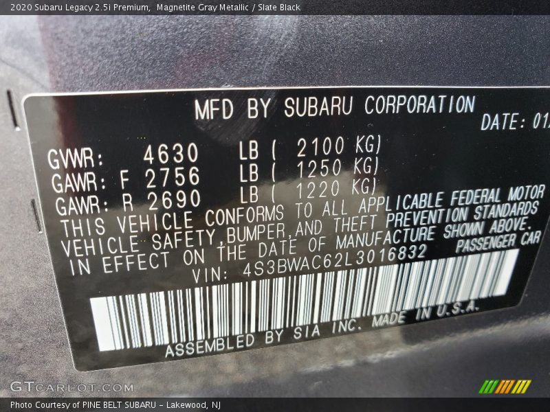 Magnetite Gray Metallic / Slate Black 2020 Subaru Legacy 2.5i Premium