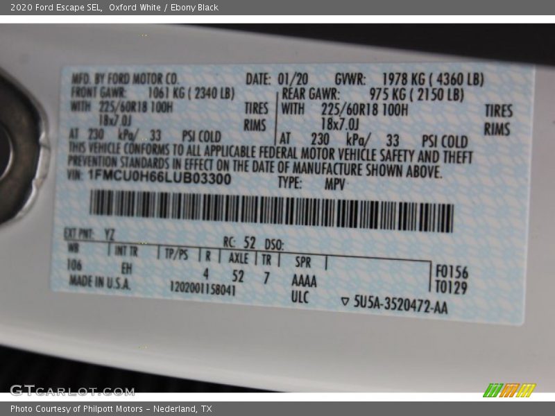 Oxford White / Ebony Black 2020 Ford Escape SEL