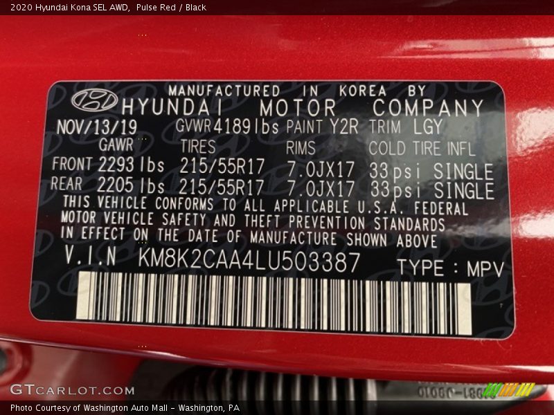 Pulse Red / Black 2020 Hyundai Kona SEL AWD