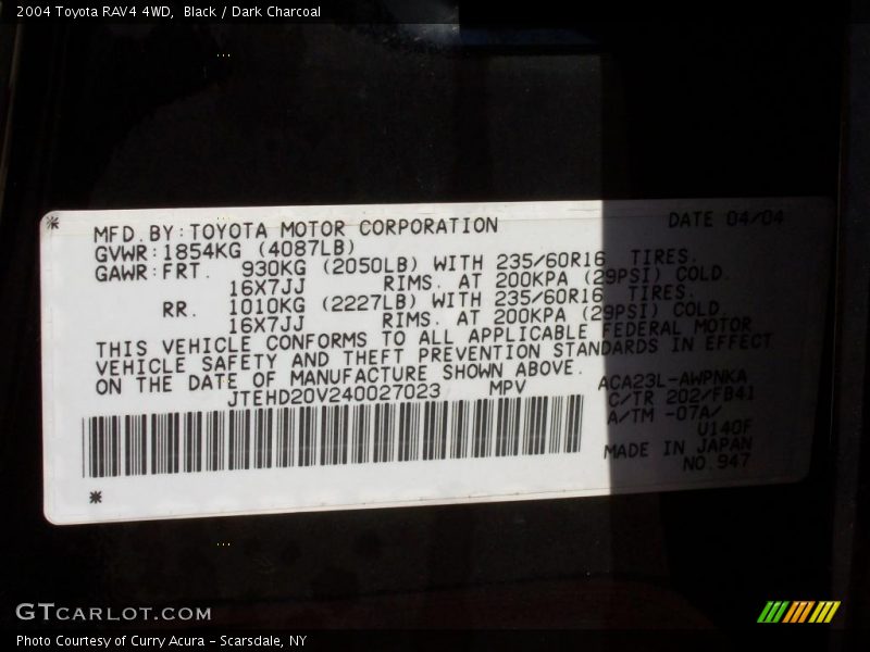 Black / Dark Charcoal 2004 Toyota RAV4 4WD