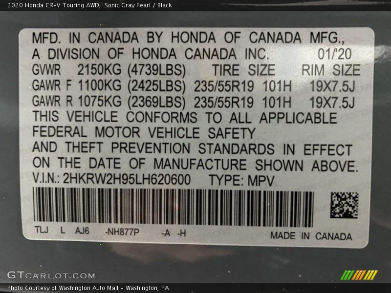Sonic Gray Pearl / Black 2020 Honda CR-V Touring AWD