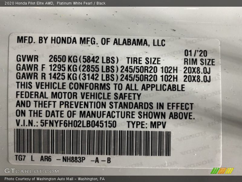Platinum White Pearl / Black 2020 Honda Pilot Elite AWD