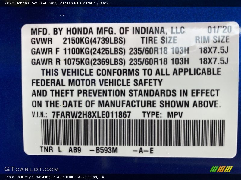 Aegean Blue Metallic / Black 2020 Honda CR-V EX-L AWD