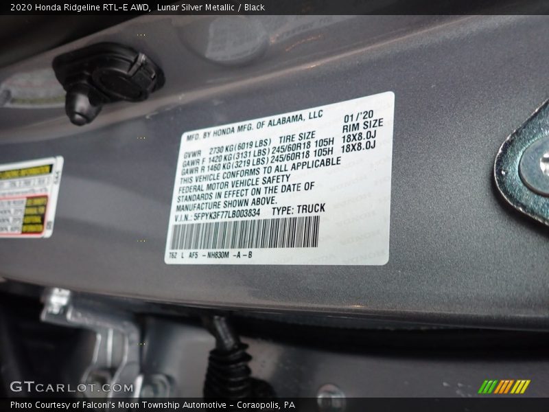 Lunar Silver Metallic / Black 2020 Honda Ridgeline RTL-E AWD