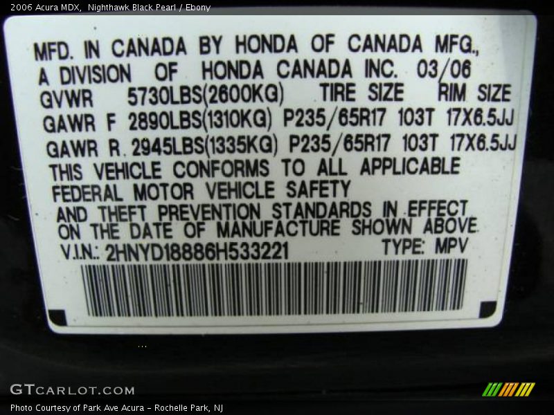 Nighthawk Black Pearl / Ebony 2006 Acura MDX