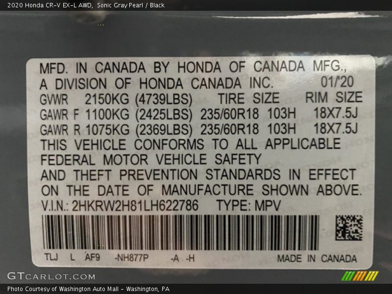 Sonic Gray Pearl / Black 2020 Honda CR-V EX-L AWD