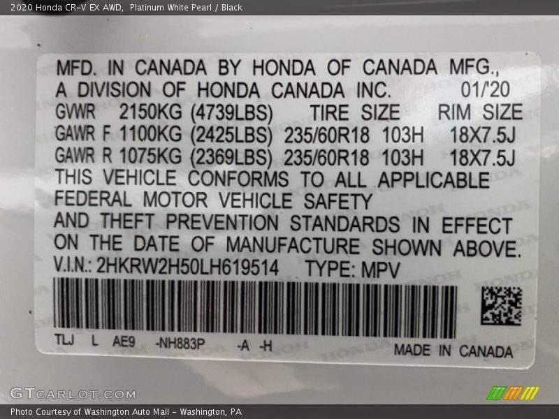 Platinum White Pearl / Black 2020 Honda CR-V EX AWD