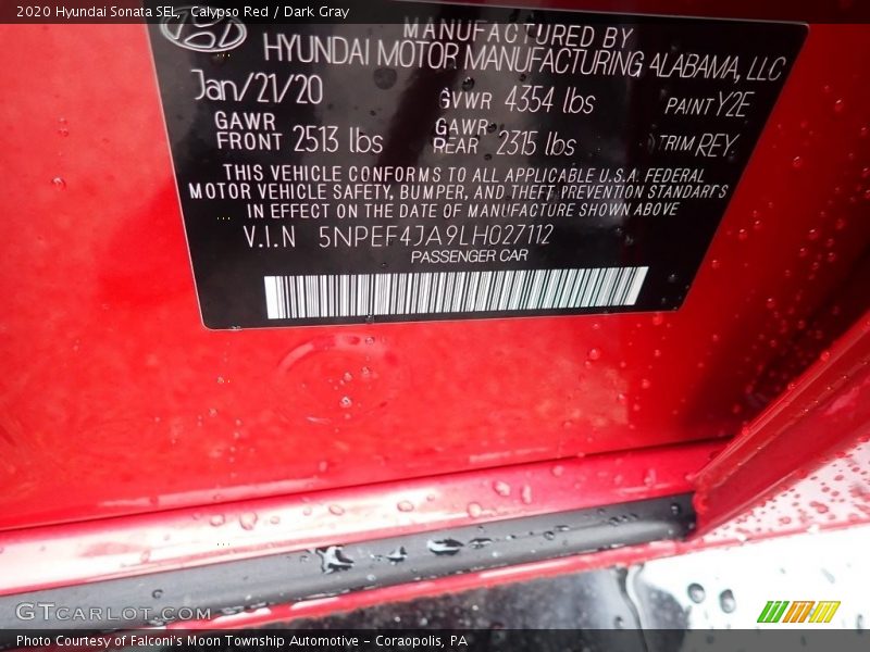 Calypso Red / Dark Gray 2020 Hyundai Sonata SEL
