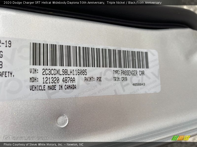 2020 Charger SRT Hellcat Widebody Daytona 50th Anniversary Triple Nickel Color Code PSE