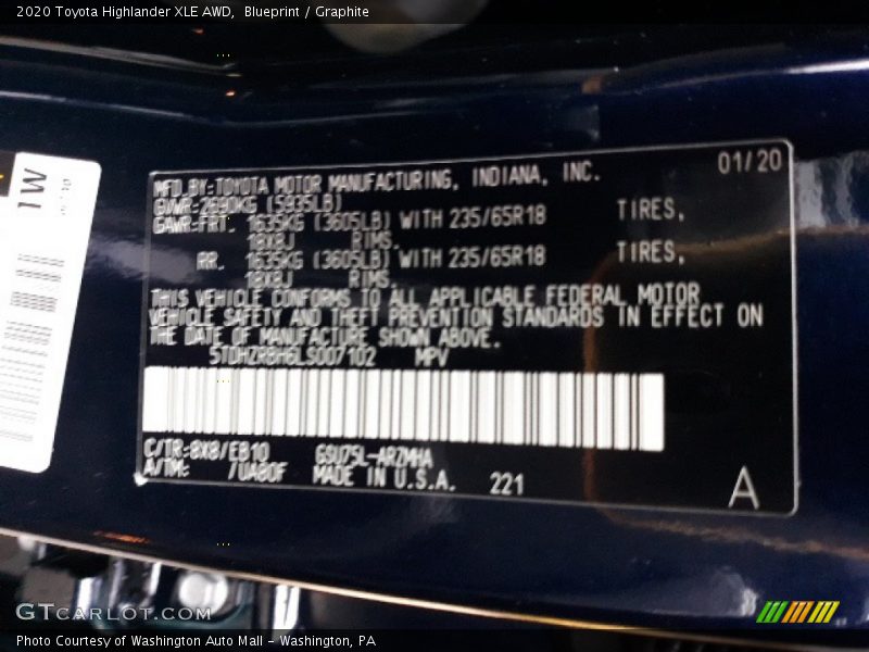 Blueprint / Graphite 2020 Toyota Highlander XLE AWD