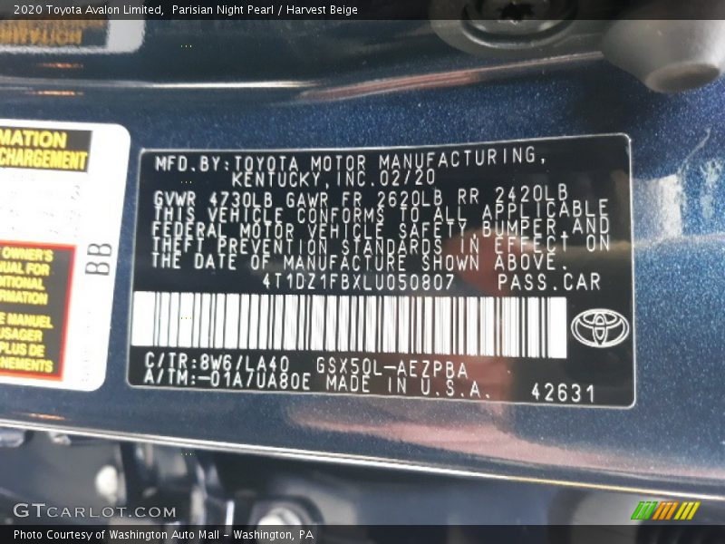 2020 Avalon Limited Parisian Night Pearl Color Code 8W6