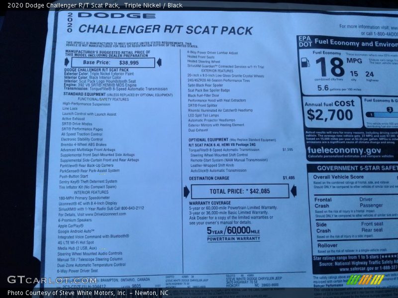  2020 Challenger R/T Scat Pack Window Sticker