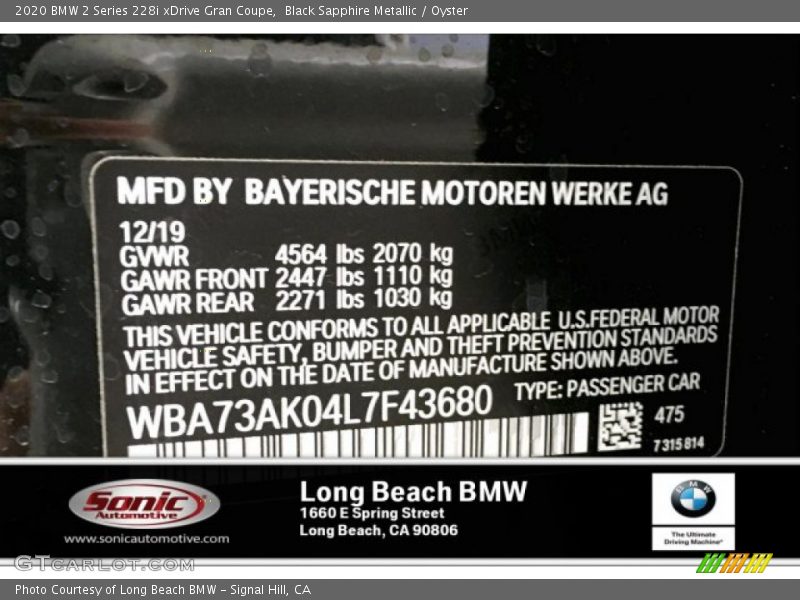 Black Sapphire Metallic / Oyster 2020 BMW 2 Series 228i xDrive Gran Coupe