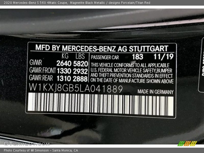 2020 S 560 4Matic Coupe Magnetite Black Metallic Color Code 183