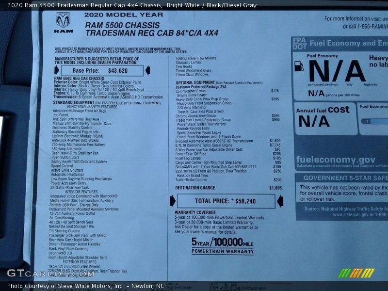 Bright White / Black/Diesel Gray 2020 Ram 5500 Tradesman Regular Cab 4x4 Chassis