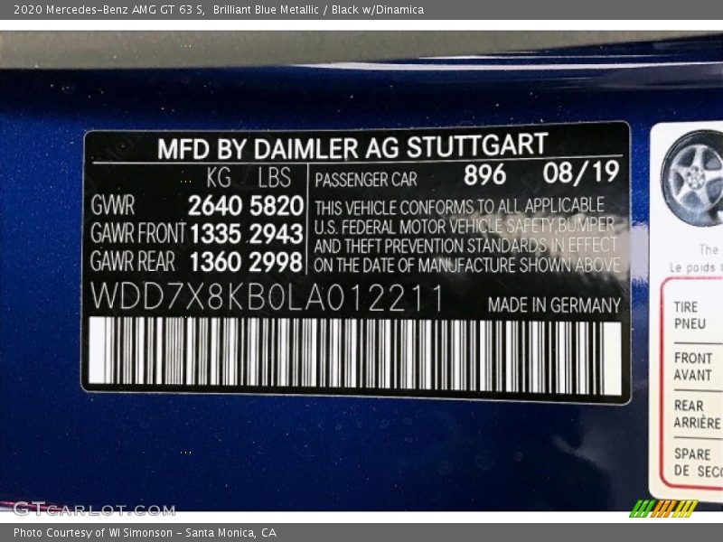 2020 AMG GT 63 S Brilliant Blue Metallic Color Code 896