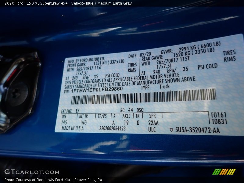 Velocity Blue / Medium Earth Gray 2020 Ford F150 XL SuperCrew 4x4