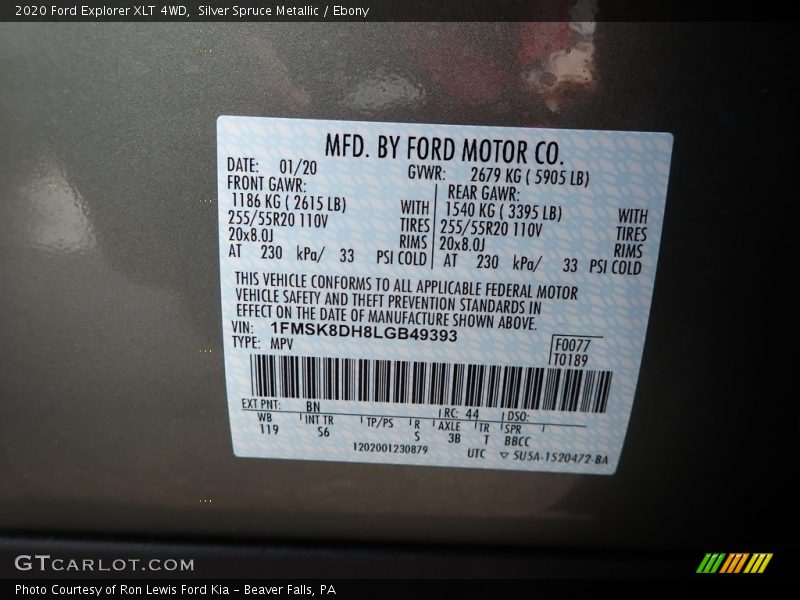 2020 Explorer XLT 4WD Silver Spruce Metallic Color Code BN