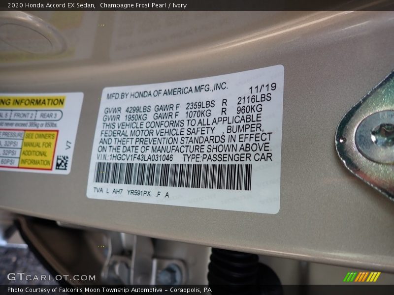 2020 Accord EX Sedan Champagne Frost Pearl Color Code YR591PX
