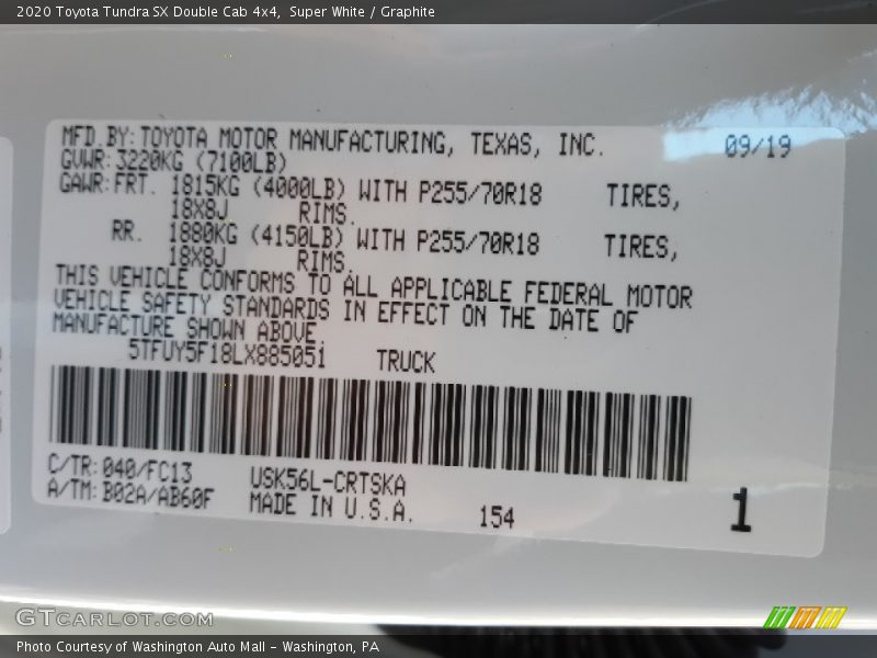 Super White / Graphite 2020 Toyota Tundra SX Double Cab 4x4
