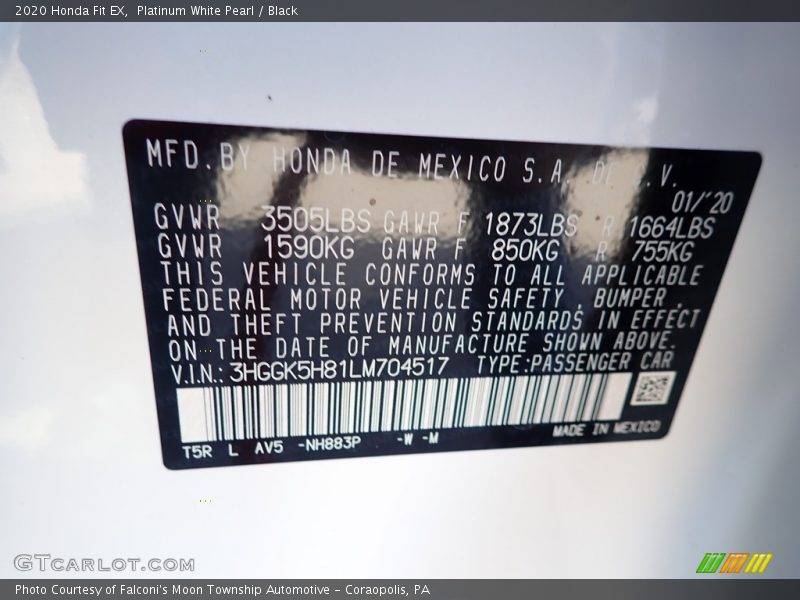 2020 Fit EX Platinum White Pearl Color Code NH883P