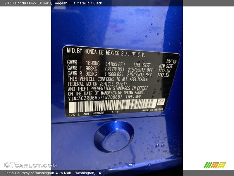 Aegean Blue Metallic / Black 2020 Honda HR-V EX AWD