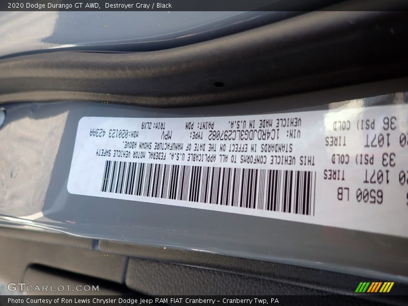Destroyer Gray / Black 2020 Dodge Durango GT AWD