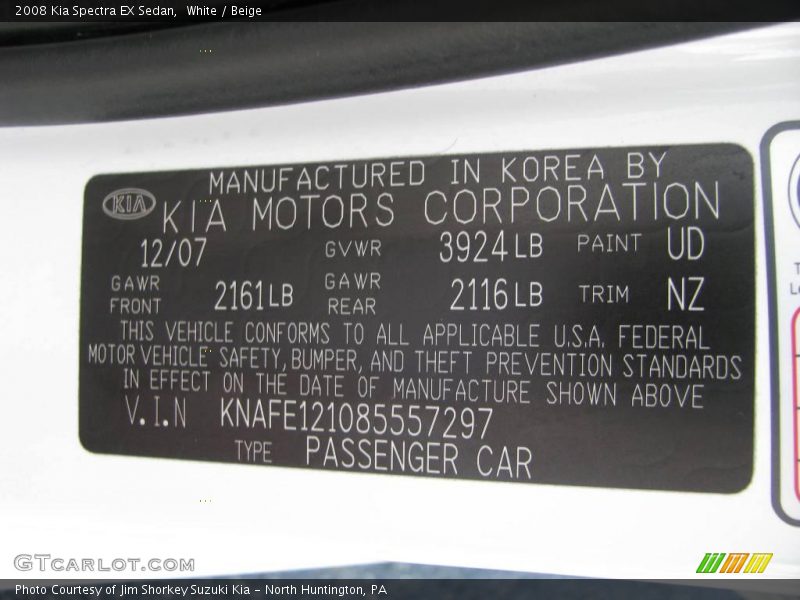 White / Beige 2008 Kia Spectra EX Sedan