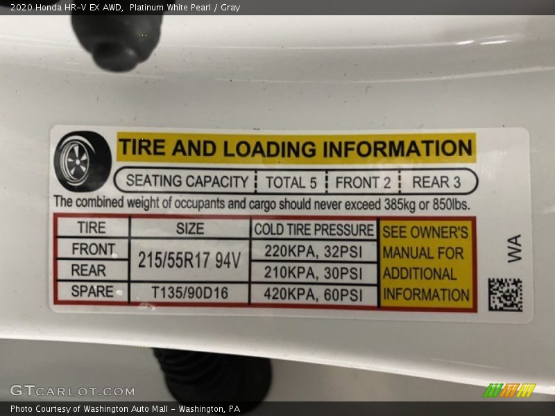 Platinum White Pearl / Gray 2020 Honda HR-V EX AWD