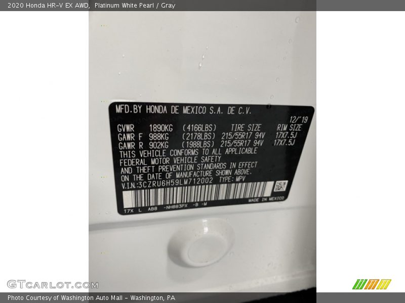 Platinum White Pearl / Gray 2020 Honda HR-V EX AWD