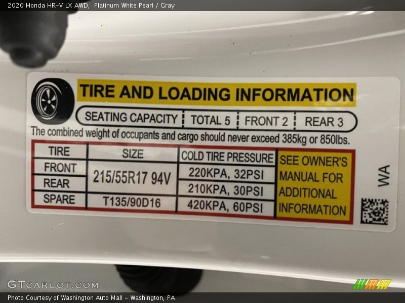 Platinum White Pearl / Gray 2020 Honda HR-V LX AWD