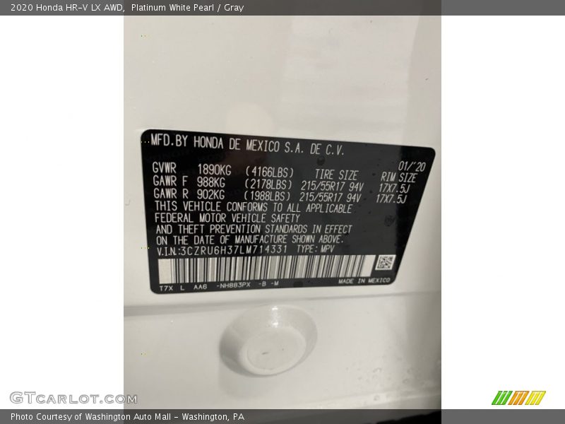 Platinum White Pearl / Gray 2020 Honda HR-V LX AWD