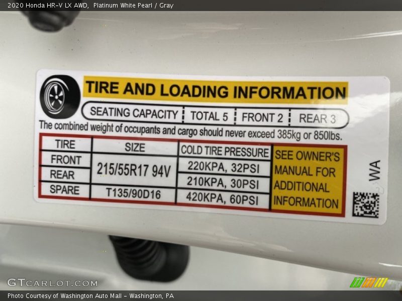 Platinum White Pearl / Gray 2020 Honda HR-V LX AWD