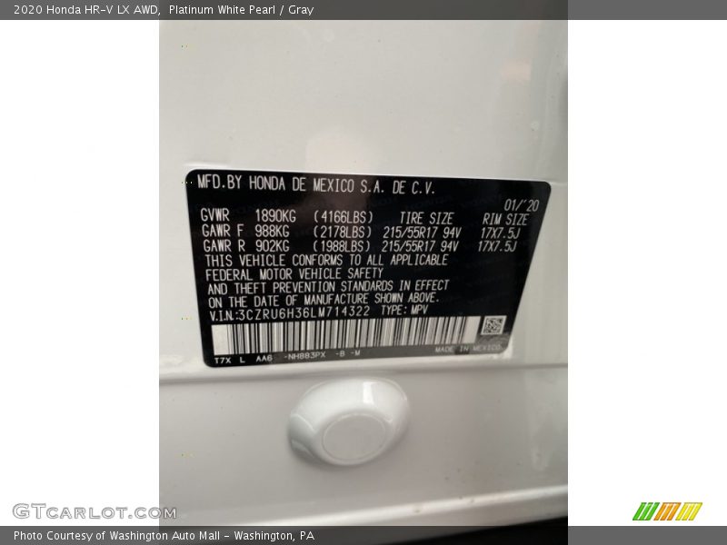 Platinum White Pearl / Gray 2020 Honda HR-V LX AWD