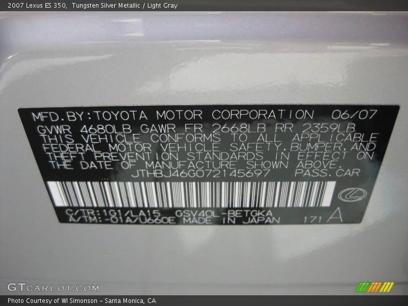 Tungsten Silver Metallic / Light Gray 2007 Lexus ES 350
