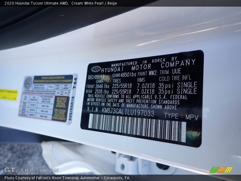 Cream White Pearl / Beige 2020 Hyundai Tucson Ultimate AWD