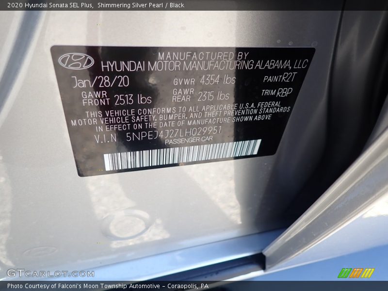 Shimmering Silver Pearl / Black 2020 Hyundai Sonata SEL Plus
