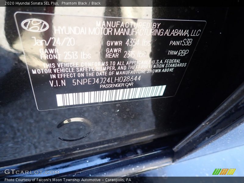 Phantom Black / Black 2020 Hyundai Sonata SEL Plus