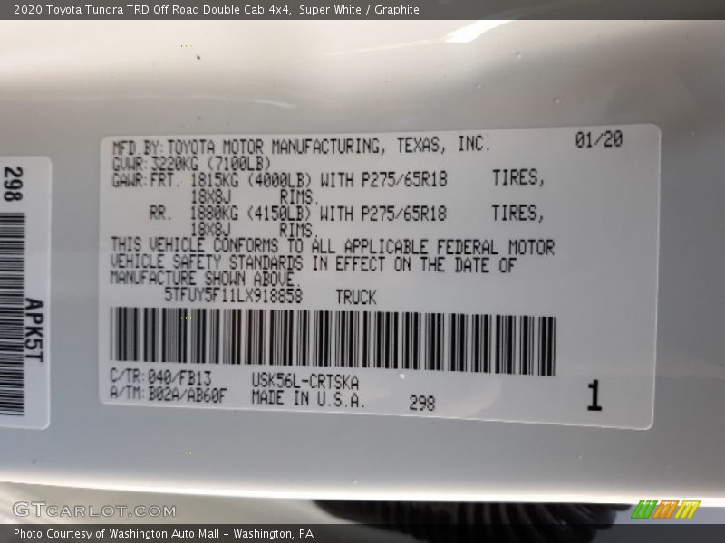 Super White / Graphite 2020 Toyota Tundra TRD Off Road Double Cab 4x4