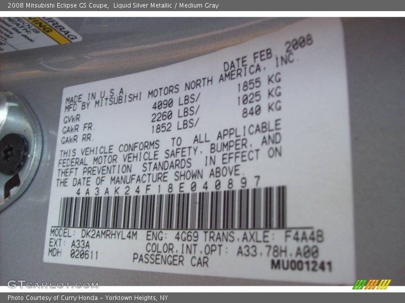 Liquid Silver Metallic / Medium Gray 2008 Mitsubishi Eclipse GS Coupe