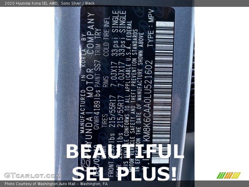 Sonic Silver / Black 2020 Hyundai Kona SEL AWD
