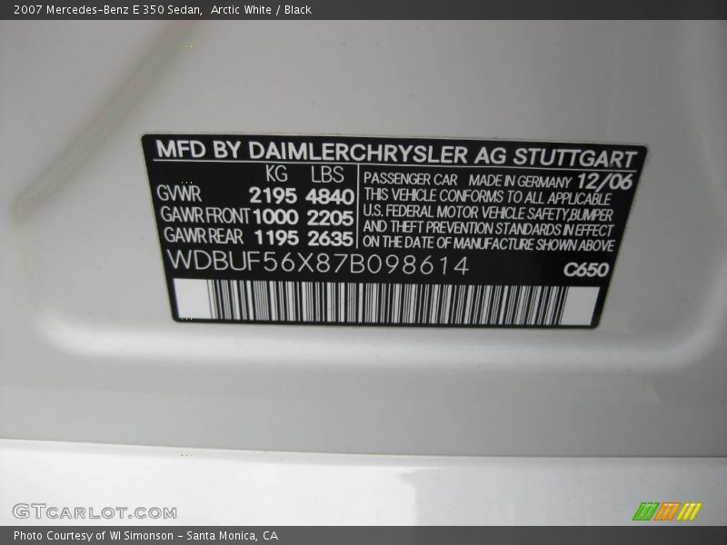 Arctic White / Black 2007 Mercedes-Benz E 350 Sedan