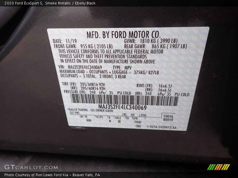 Smoke Metallic / Ebony Black 2020 Ford EcoSport S