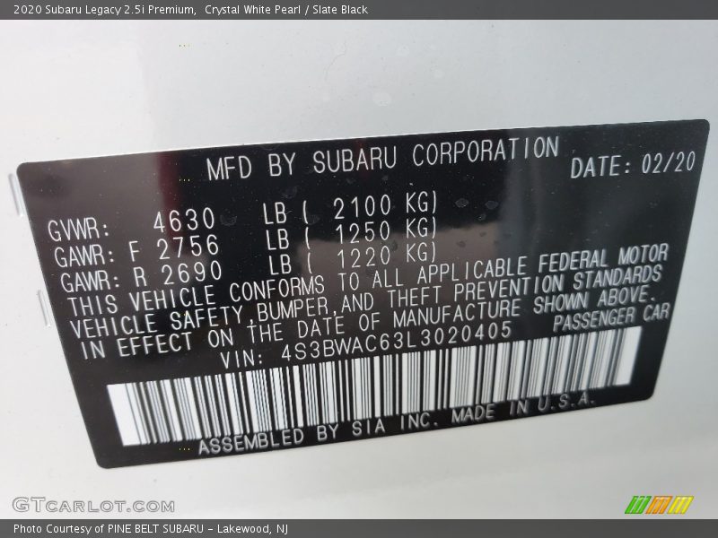 Crystal White Pearl / Slate Black 2020 Subaru Legacy 2.5i Premium